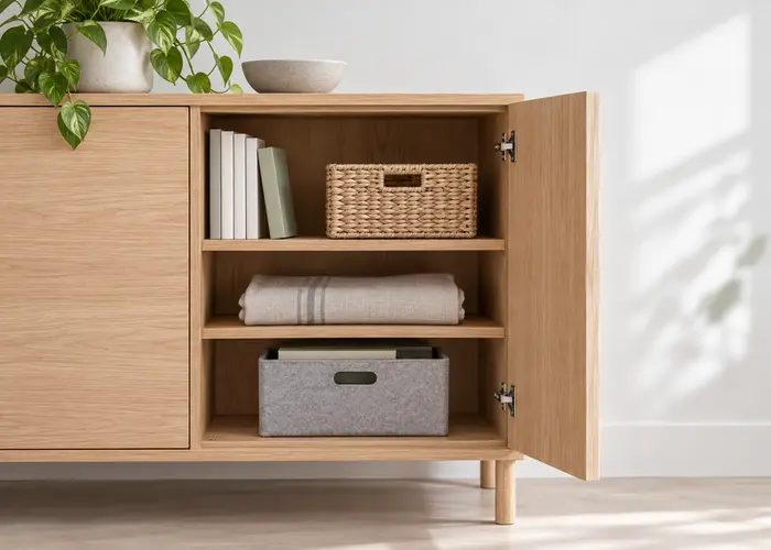 Houten opbergkast met manden, boeken en vaste plekken voor spullen in een lichte woonkamer.