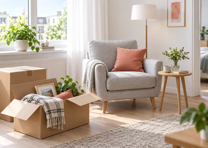 Lichte zithoek in een kleinere woning met een fauteuil, verhuisdozen, plaid en een ingelijste foto